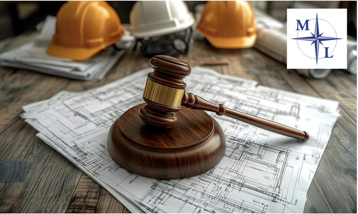 Hard hats and a gavel on top of blueprints with the logo for construction law firm Maier Law in Palm Beach County on the upper right