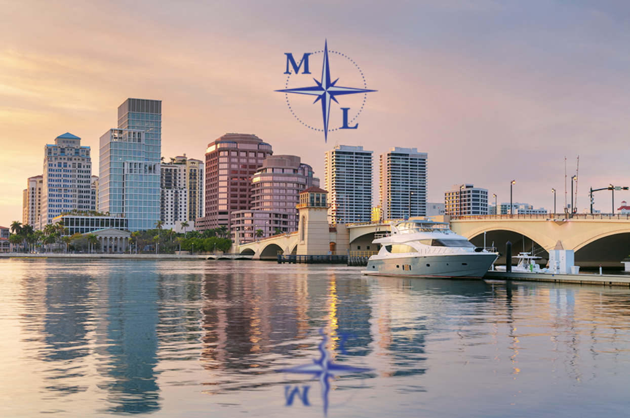 The downtown West Palm Beach skyline with the Maier Law logo above it