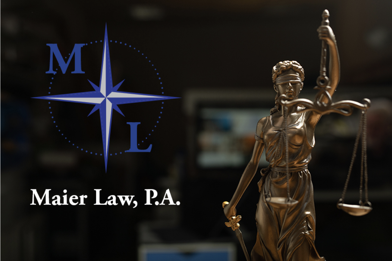 The scales of justice next to a logo for the Palm Beach County business law firm Maier Law