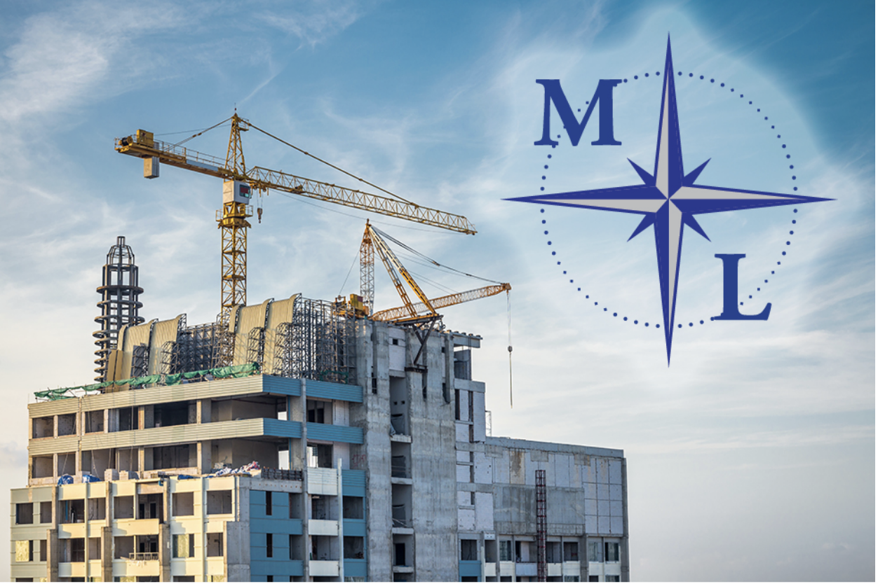 A large construction project of a commercial building in West Palm Beach next to a logo for the Maier Law Firm