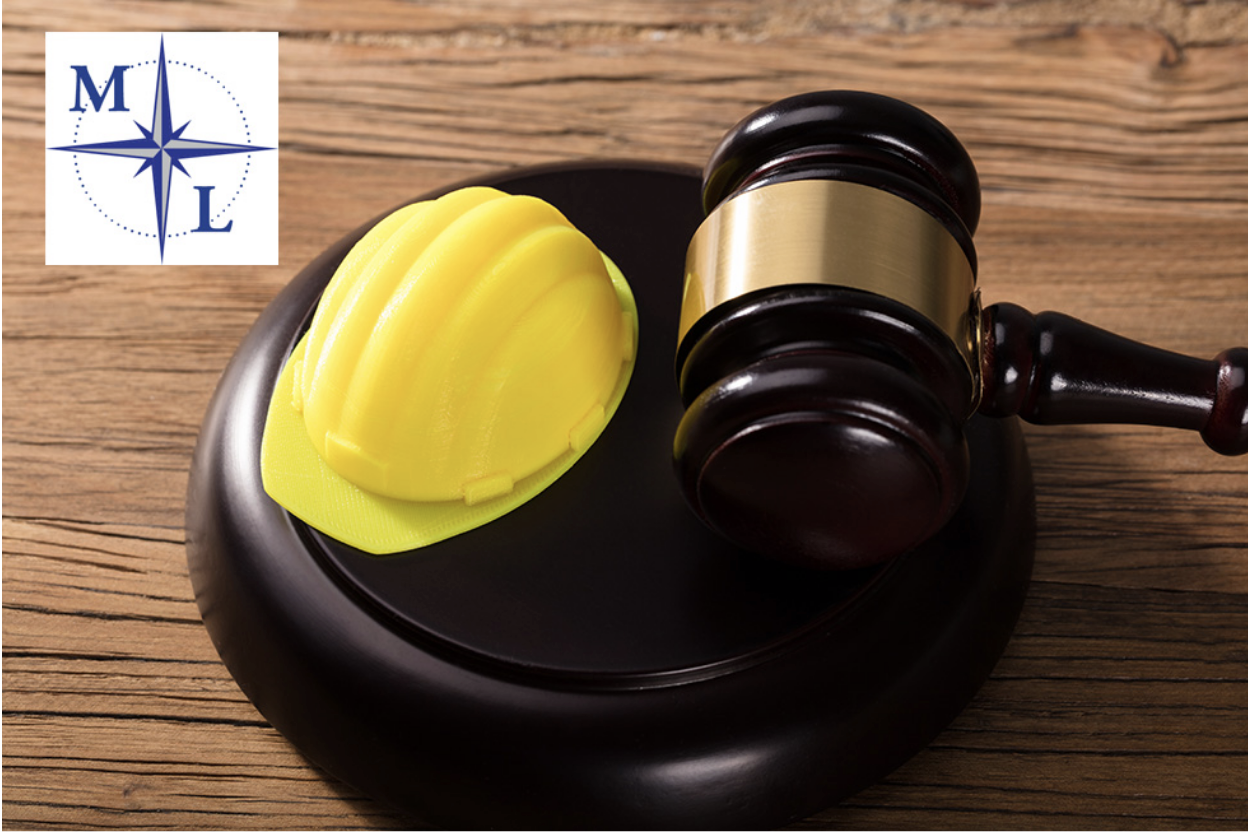 A wooden gavel next to a yellow construction hard hat to the right of the logo for Maier Law in Palm Beach
