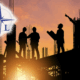 The silhouette of construction workers at sunset on a job site in Palm Beach County with the logo for Maier Law in the foreground