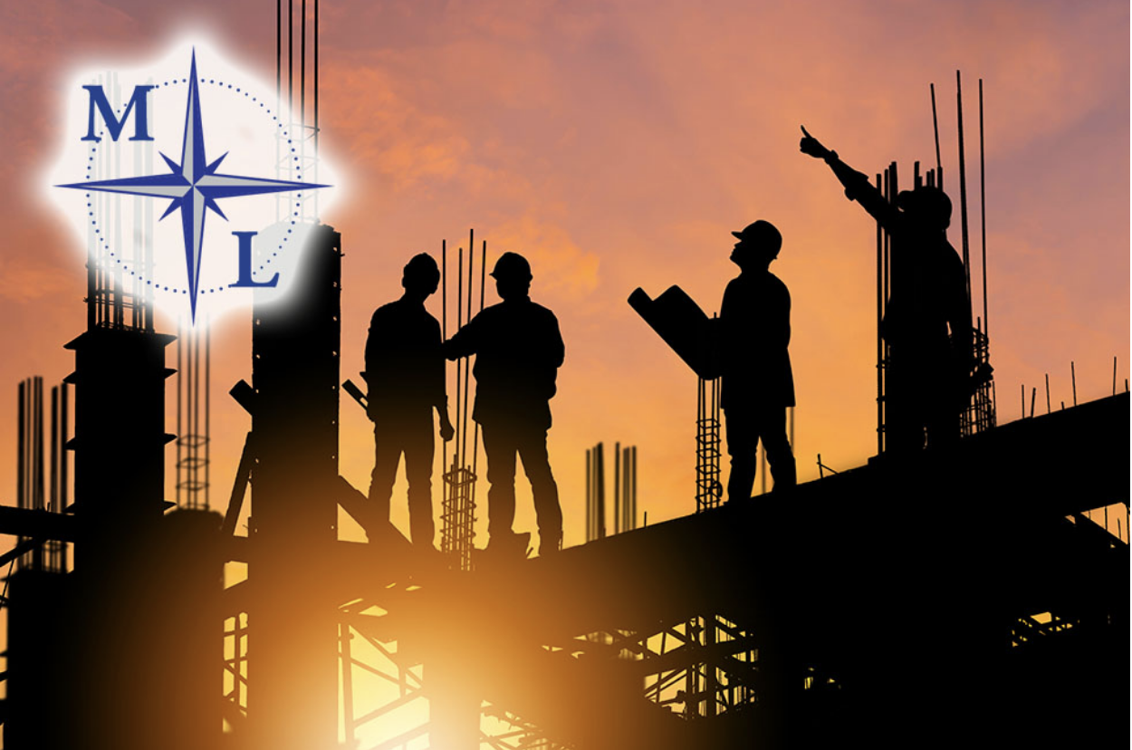 The silhouette of construction workers at sunset on a job site in Palm Beach County with the logo for Maier Law in the foreground