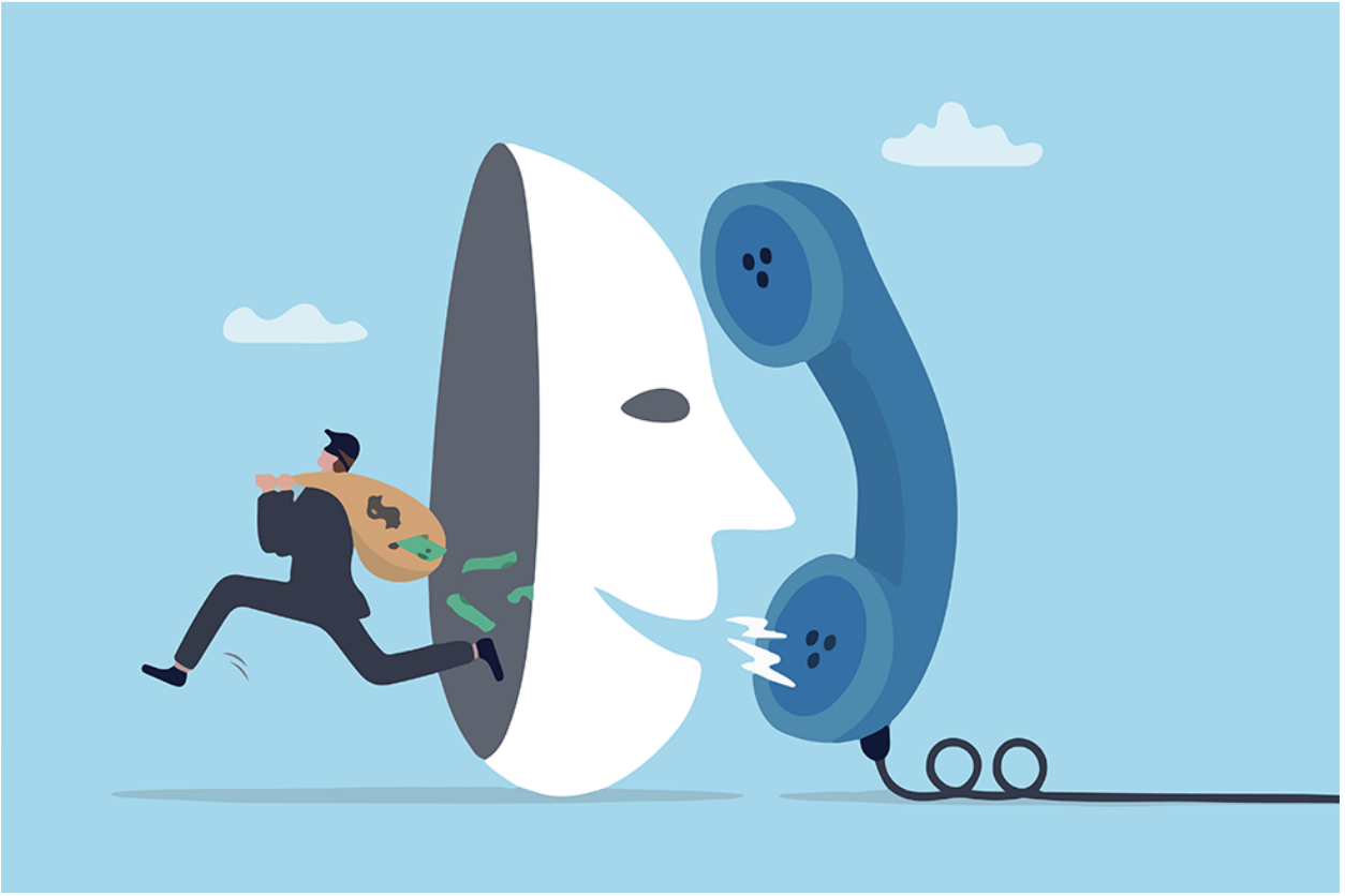 A conman running away from a phone with a bag of cash after committing investment fraud