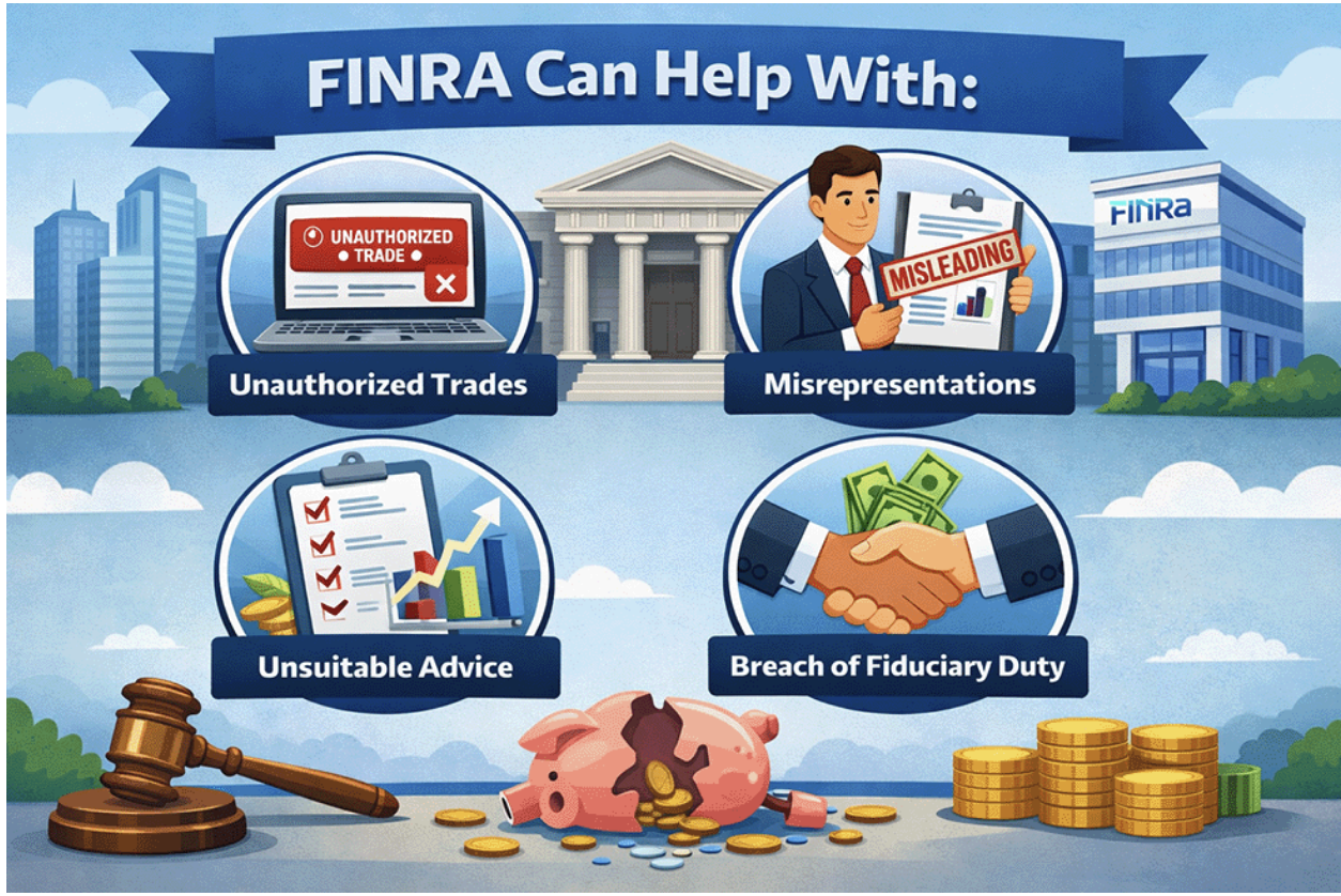 An illustrated infographic showing the types of investment fraud that FINRA can help with. An illustrated infographic showing the types of investment fraud that FINRA can help with.