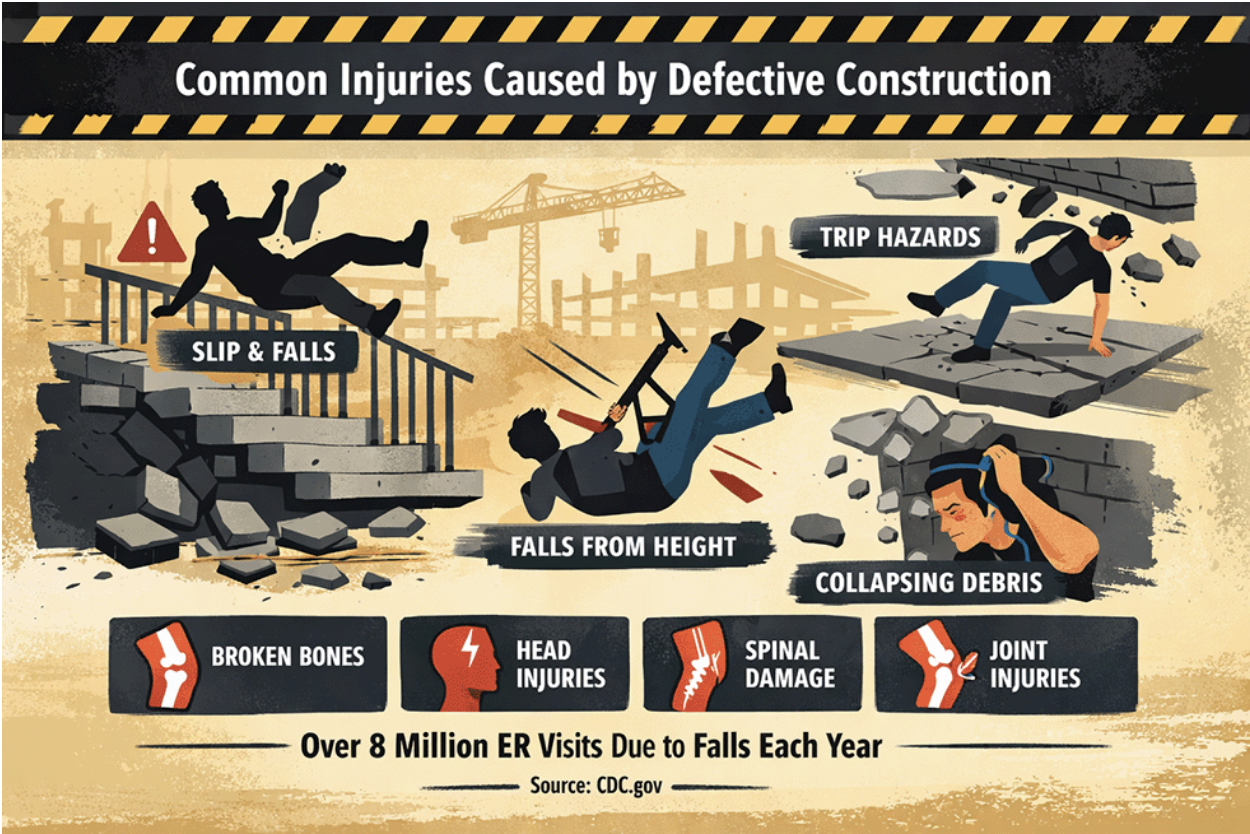 An illustrated infographic showing common injuries from defective construction.