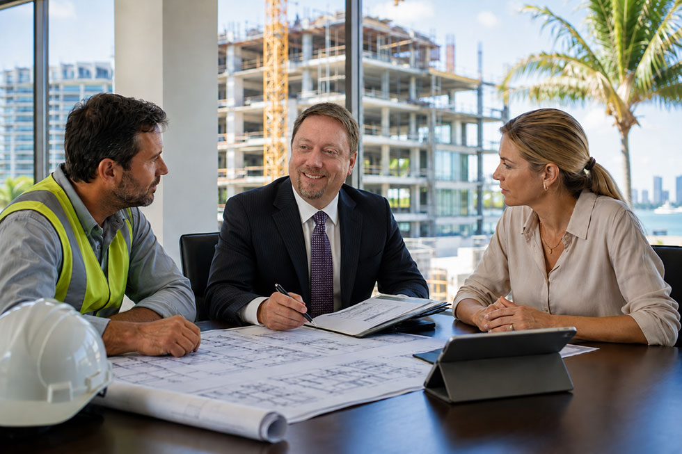construction-contract-dispute-arbitration Construction attorney from Maier Law meeting with a contractor and property owner about a construction contract dispute in West Palm Beach.