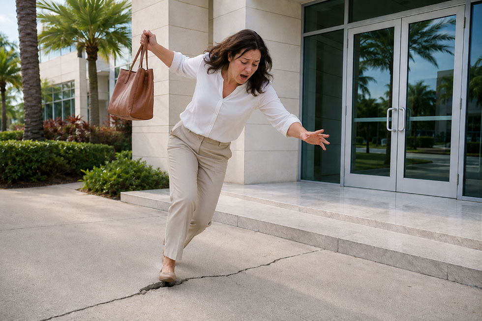 tripping-on-concrete A woman tripping over a crack in the pavement in front of an office building in West Palm Beach.