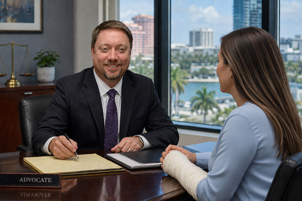 A woman and and attorney Jason C. Maier are discussing her personal injury case.