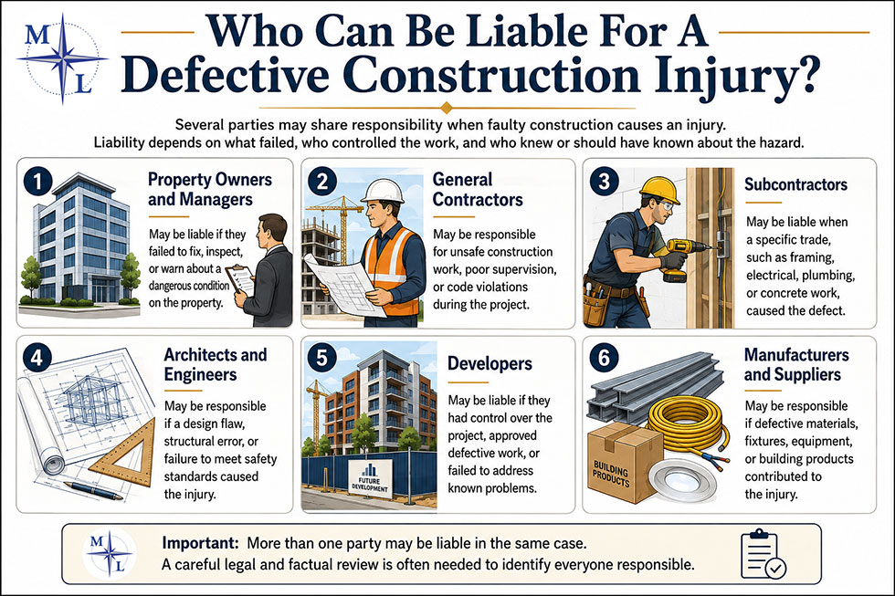 An infographic showing who can be held liable for a defective construction personal injury.