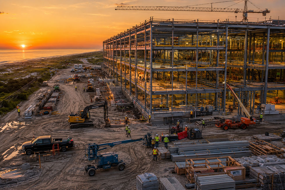 Large data center under construction on Florida coastline at twilight, showing steel framework, crane, workers, and bright interior lights.