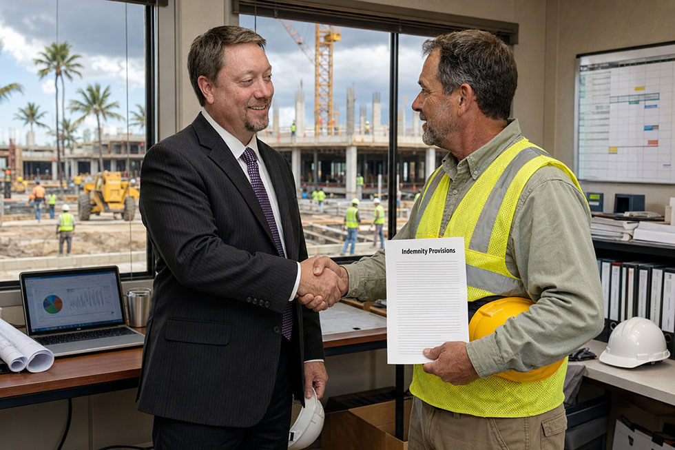 Jason Maier shakes hands with a construction foreman reviewing indemnity provisions inside a Florida jobsite office trailer.