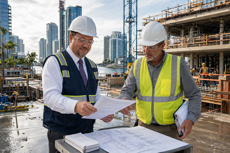 Jason Maier reviews contract paperwork with a site manager at a commercial construction project in West Palm Beach.