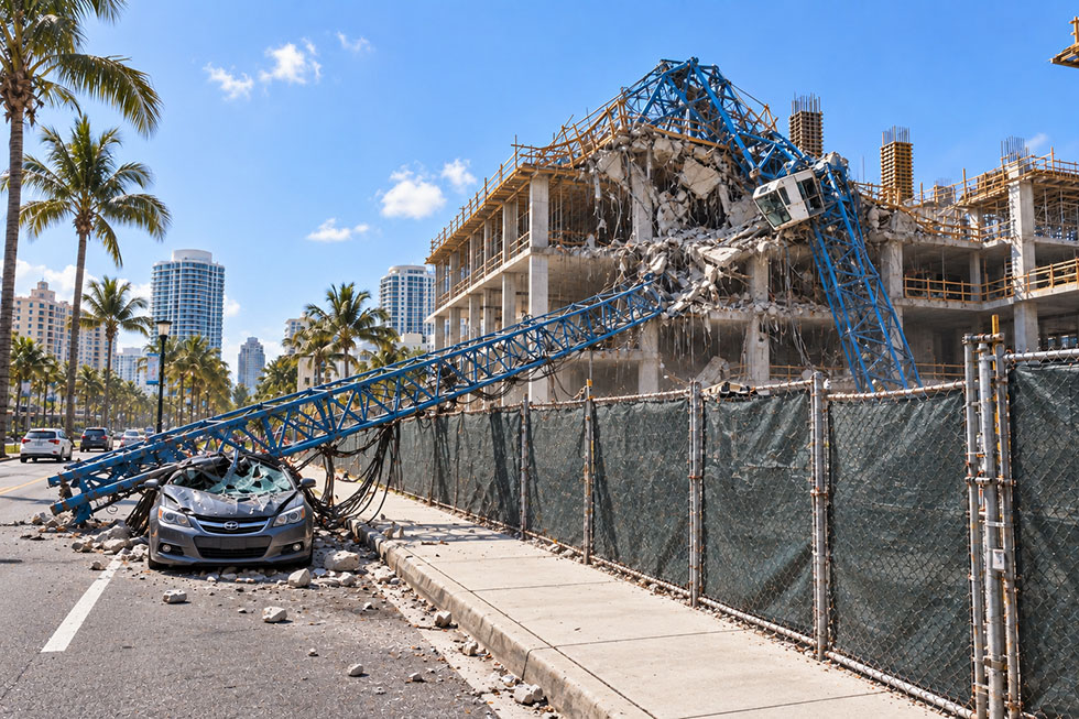 Collapsed construction crane damages a commercial building and crushes a parked car beside a West Palm Beach sidewalk.