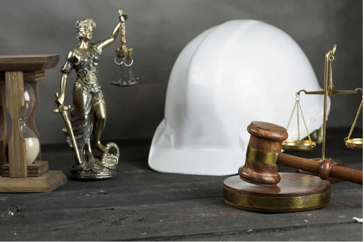 A construction hat sitting on a desk next to the scales of justice and a judge’s gavel representing Construction Law A construction hat sitting on a desk next to the scales of justice and a judge’s gavel representing Construction Law
